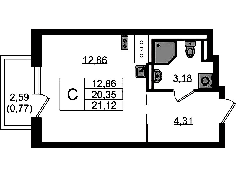 Квартира студия 21.12 м², 2/13 эт., ЖК «Квартал Торики»